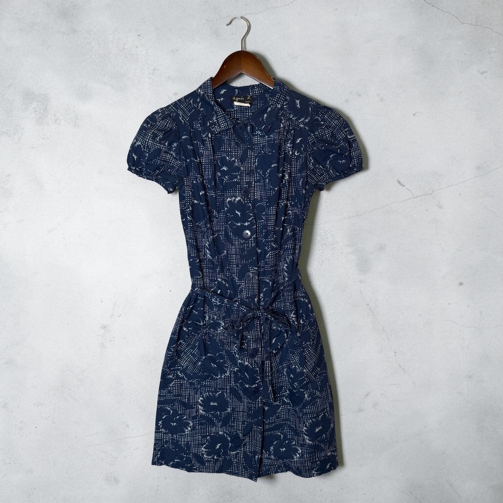 Agnes B. Floral Cotton Mini Shirt Dress Cap Sleeve Pockets Twee Preppy 36 / US 4